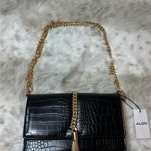 Aldo Black Croc-Textured Crossbody with Gold Chain